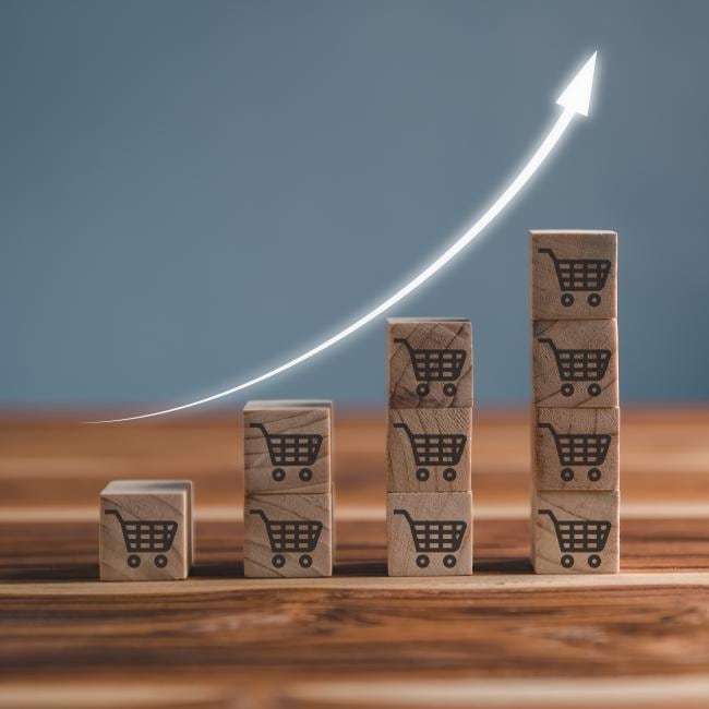 Blocks with shopping carts engraved on them in an increasing bar graph formation.